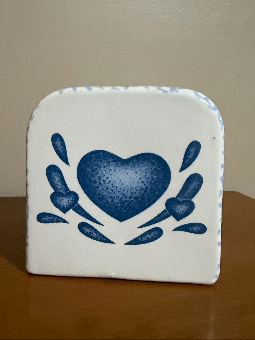 Vintage Ceramic Spongeware Blue Heart Napkin Holder Cottagecore